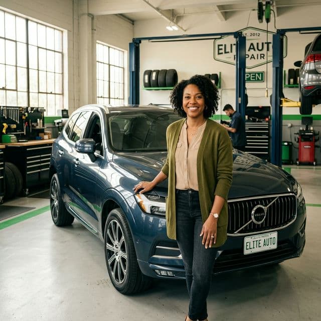 Confident car owner at a modern auto repair shop